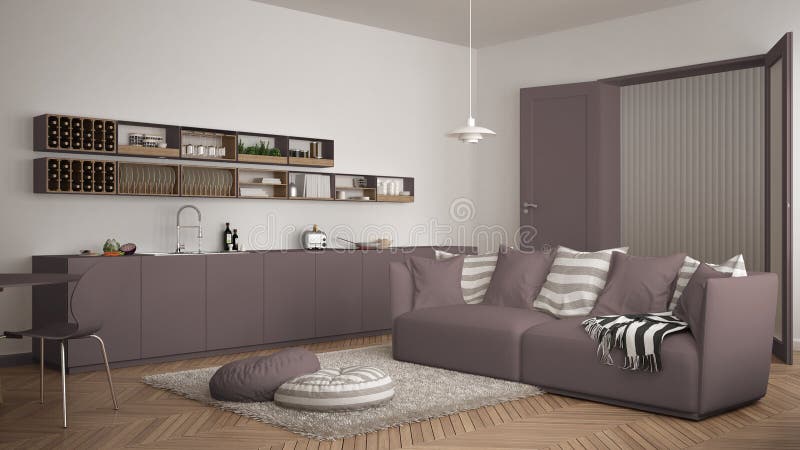 Skandynawski nowożytny żywy pokój z kuchnią, łomota stół, kanapa, dywanik z poduszkami i minimalistyczna architektura inter, biał zdjęcia royalty free Skandynawski nowożytny żywy pokój z kuchnią, łomota stół, kanapa, dywanik z poduszkami i minimalistyczna architektura inter, biał zdjęcia royalty free