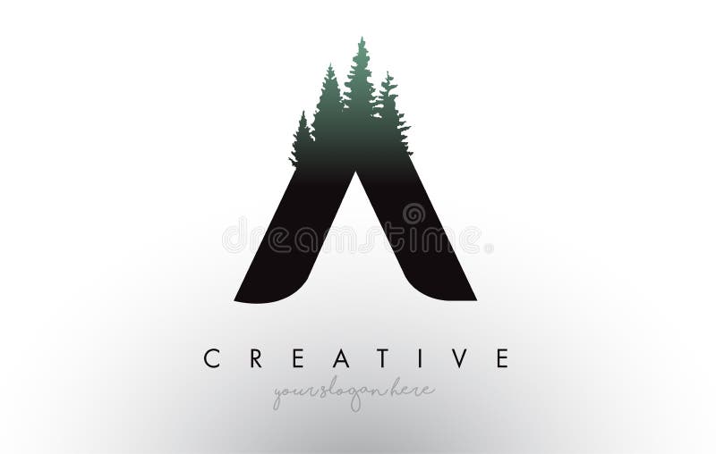 Skapar en bokstavslogotyp med tallskog Bokstaven A design med linjeträd överst stock illustrationer