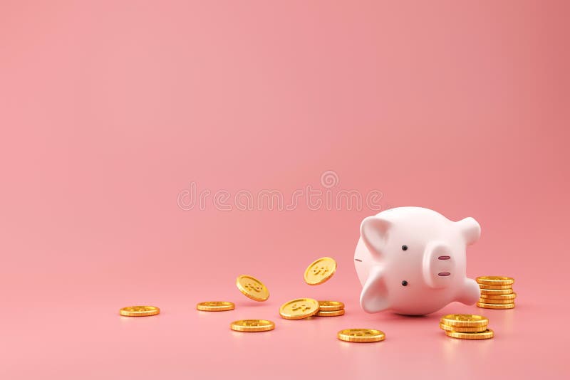 Skarbonka i złote monety na różowym tle z koncepcją zagubionych pieniędzy. planowanie finansowe dla przyszłego renderowania 3d ilustracji