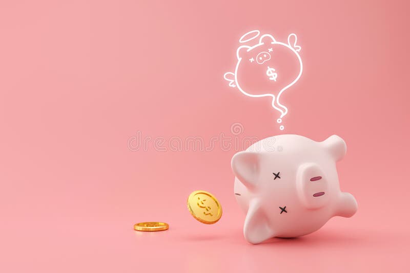 Skarbonka i złote monety na różowym tle z koncepcją zagubionych pieniędzy. planowanie finansowe dla przyszłego renderowania 3d ilustracji