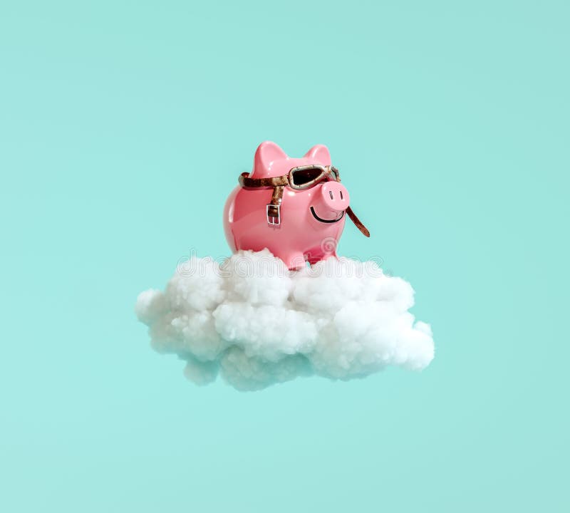Skarbonka z okularami pilotowymi lecącymi na białym, fluffy chmury na turkusowym niebieskim tle royalty ilustracja