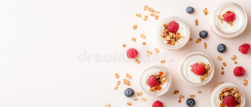 Skaror som innehåller gräddvegetariska desserter toppade hallon och granola spridda på ljust yta, fint, sött mjöl arkivfoto