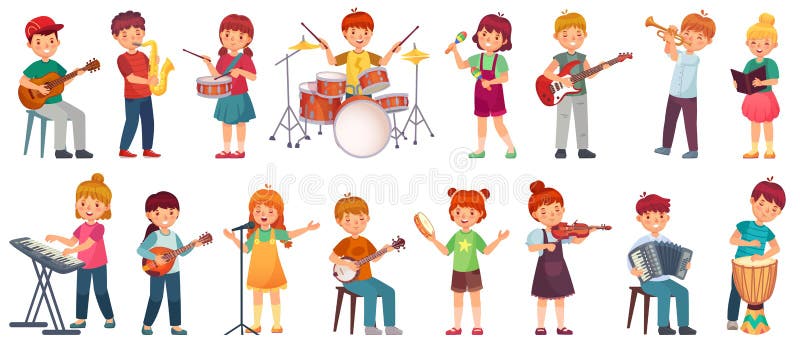 Skarvar barn spelar musik. begåvad unge som leker på musikinstrument, musiklektioner. Unga sångbarn