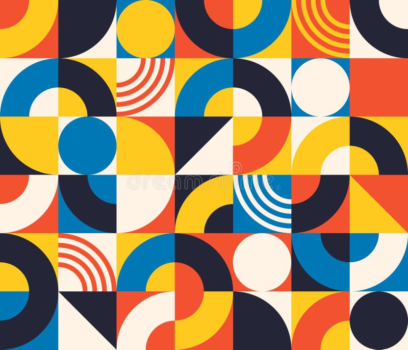 Skarvlöst mönster. abstrakta kvadratiska plattor med cirkel och triangel. återtryck i minimal stil med geometrisk stock illustrationer