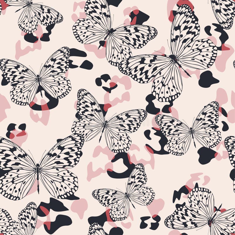 Skarvlöst mönster för vektorbaserade flerfärgsfjärilar. fjäril på leoparder. trendpapper för djurmotiv. modern bakgrund stock illustrationer