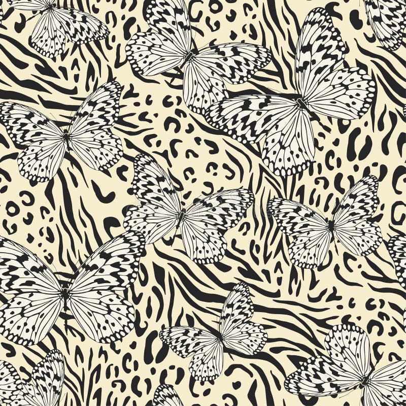 Skarvlöst mönster för vektorbaserade flerfärgsfjärilar. fjäril på zebra leopard. trendpapper för djurmotiv. stock illustrationer
