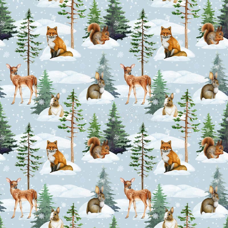 Skarvmålad illustration av skogsdjurens vintersäsong. vintertid för ekorrkanrenar stock illustrationer