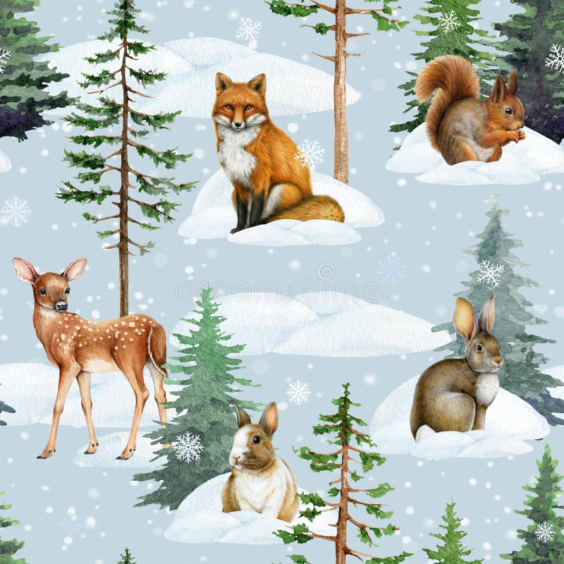 Skarvmålad illustration av skogsdjurens vintersäsong. vintertid för ekorrkanrenar vektor illustrationer
