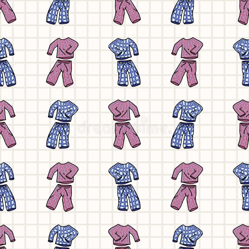 Skarvt mönster för skarvlös vektorbild av handritad söt sängtid. vackra sovkläder med plaid for fredlig sömn stock illustrationer