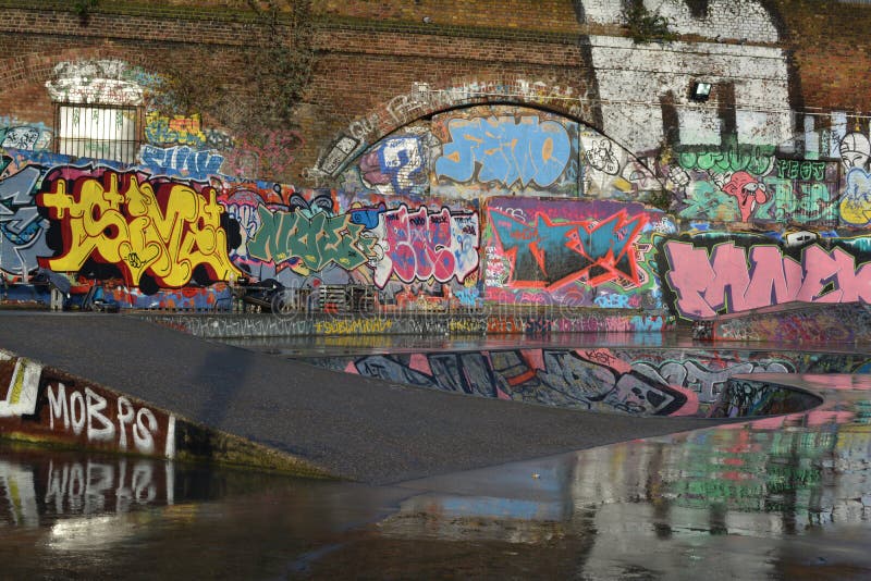 Mile end graffiti wall in skate park, london. Mile end graffiti wall in skate park, london