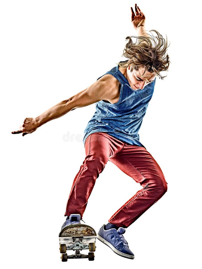 One caucasian skateboarder young teenager man skateboarding isolated on white background. One caucasian skateboarder young teenager man skateboarding isolated on white background