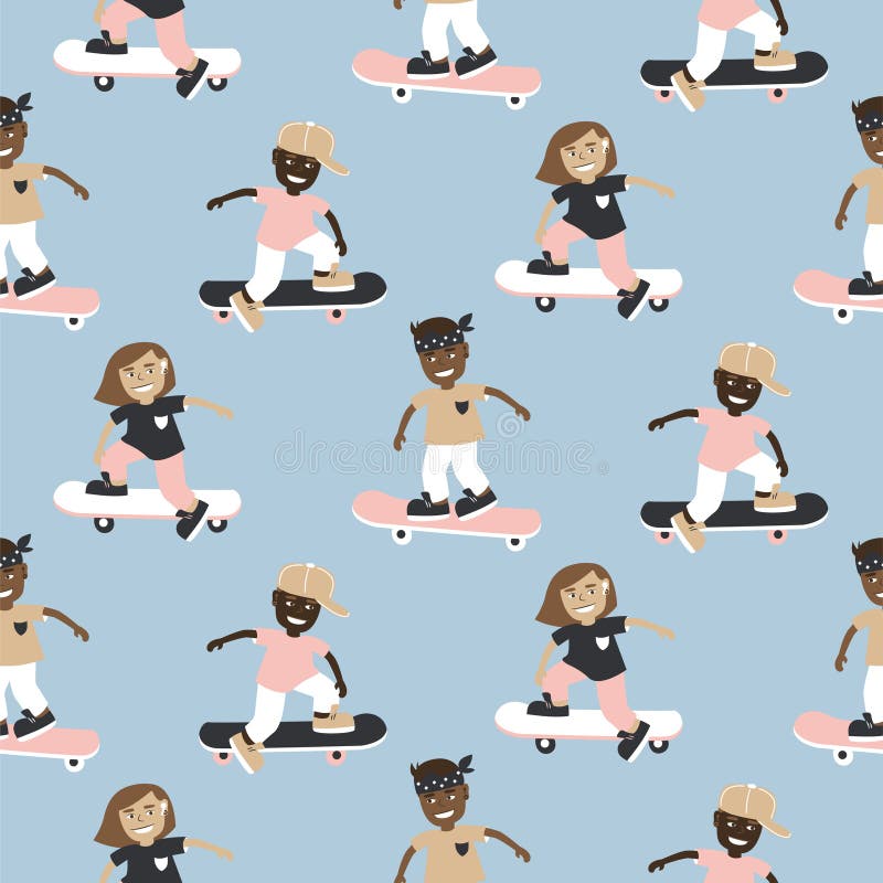 Skateboarding boys seamless pattern. Skate background. Skateboarding cartoon kids illustration. Seamless pattern with