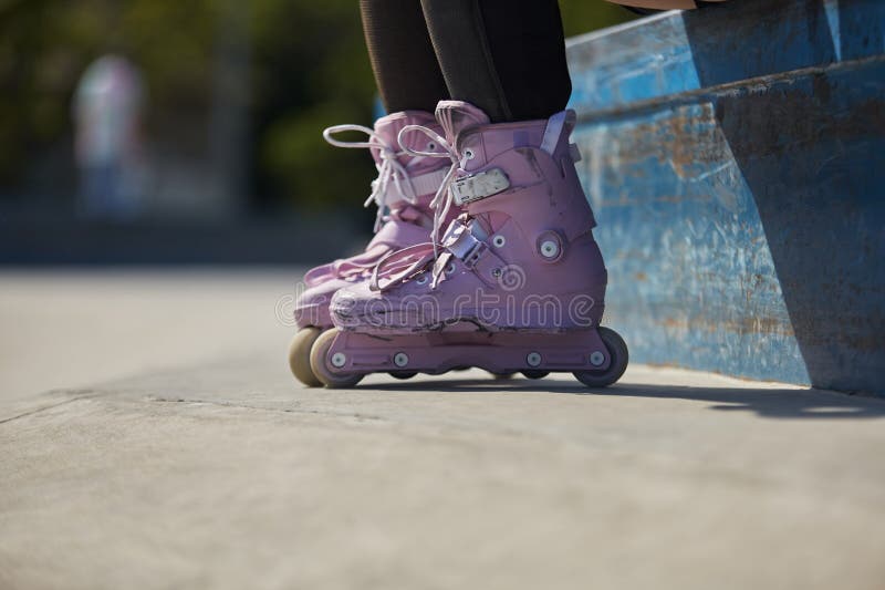 Roller Blader Grinding On Rail Skatepark Stock Photo 525113458