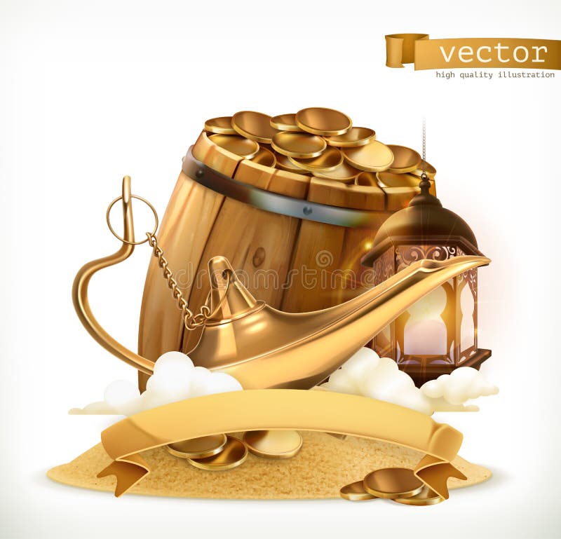 Skatt Ande i arabiska sagorlampa och trumma med mynt vektor för symbol 3d royaltyfri illustrationer Skatt Ande i arabiska sagorlampa och trumma med mynt vektor för symbol 3d royaltyfri illustrationer
