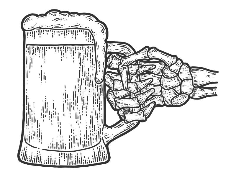 Skeleton bone hand holds beer. Sketch scratch board imitation. Black and white. Engraving vector illustration.