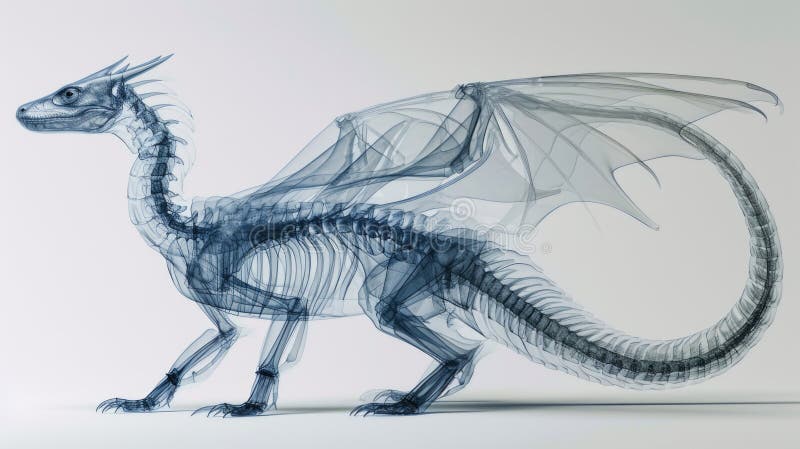 Un schelet de dragon este afișat pe o imagine xray monocromatică de suprafață albă pe fond întunecat vector illustration