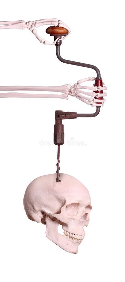 Skeleton hands drill with hand brace in skull stock images Skeleton hands drill with hand brace in skull stock images