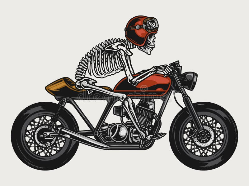 Skeleton riding cafe racer motorcycle. 