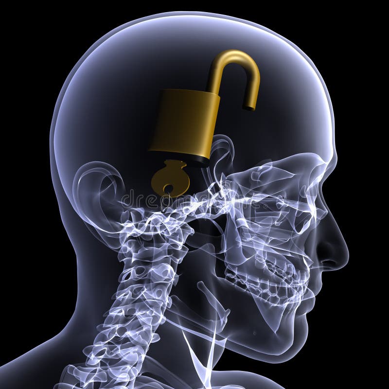X-Ray mužské kostry, hlava se zámkem a klíč v jeho hlavě pro koncepci odemčený mysli.