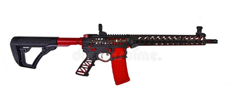 Skeletonized AR15 rifle in black and red. royalty free stock image.