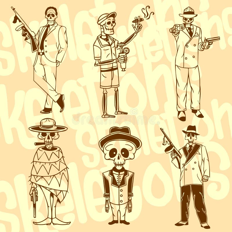 Skelett - gangster vektor för set för tecknad filmhjärtor polar Vinyl-klart royaltyfri illustrationer Skelett - gangster vektor för set för tecknad filmhjärtor polar Vinyl-klart royaltyfri illustrationer