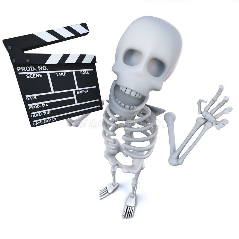 skelett- tecken för rolig tecknad film som 3d maing en film med en clapperboard royaltyfri illustrationer skelett- tecken för rolig tecknad film som 3d maing en film med en clapperboard royaltyfri illustrationer
