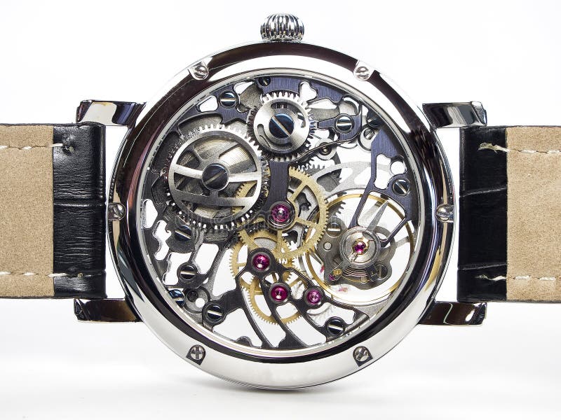 Skeleton movement, viewed from the transparent back side of a chrome steel cased watch. Skeleton movement, viewed from the transparent back side of a chrome steel cased watch.