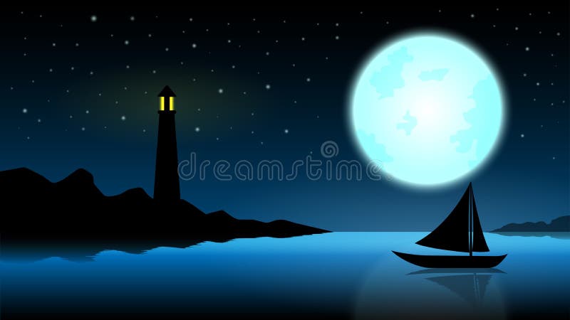 Ship in the night of full moon;blue ocean with lighthouse at midnight with full moon;star on the sky;fantasy landscape background;beautiful silhouette night landscape vector design. Ship in the night of full moon;blue ocean with lighthouse at midnight with full moon;star on the sky;fantasy landscape background;beautiful silhouette night landscape vector design