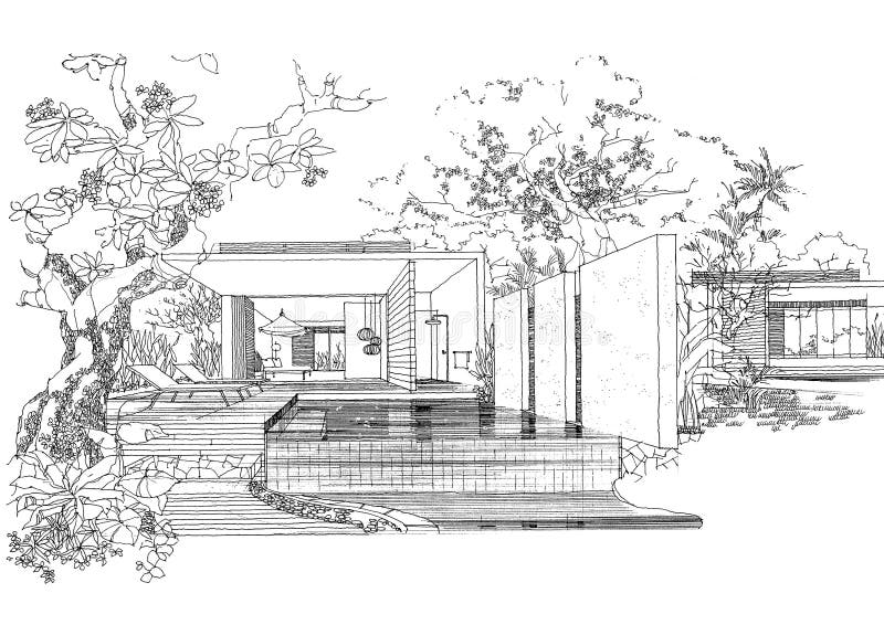 Sketc interno di paesaggio della costruzione di architettura