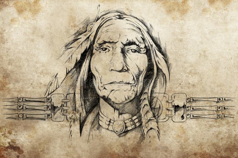 Sketch of American Indian elder royalty free illustration