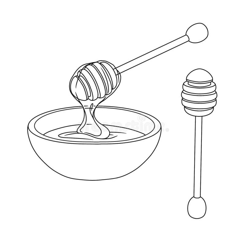 Sketch of a Bowl with Honey and a Wooden Honey Spoon. Vector Stock