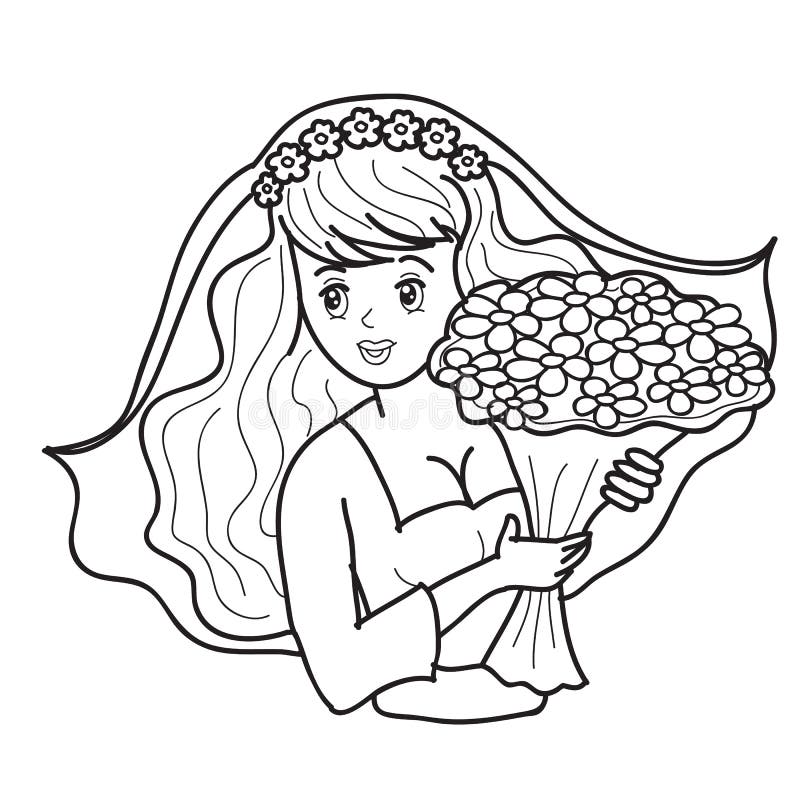 Sketch, bride in a veil and a bouquet of flowers in her hands, cartoon illustration, coloring, isolated object on a white