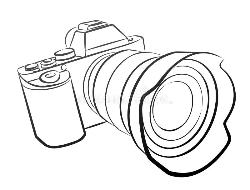 A Sketch of the Camera with Lens. Stock Vector Illustration of mirror