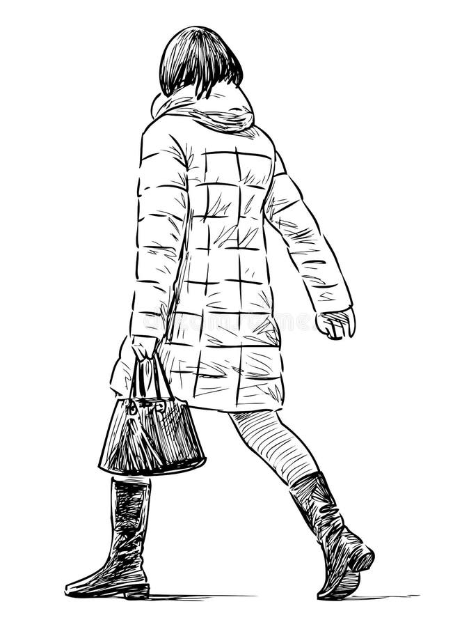 Sketch of casual city woman with handbag striding along street royalty free illustration