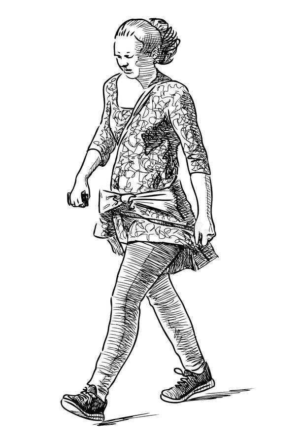 Sketch of casual city woman with  mobile phone in  hand striding down street alone stock illustration