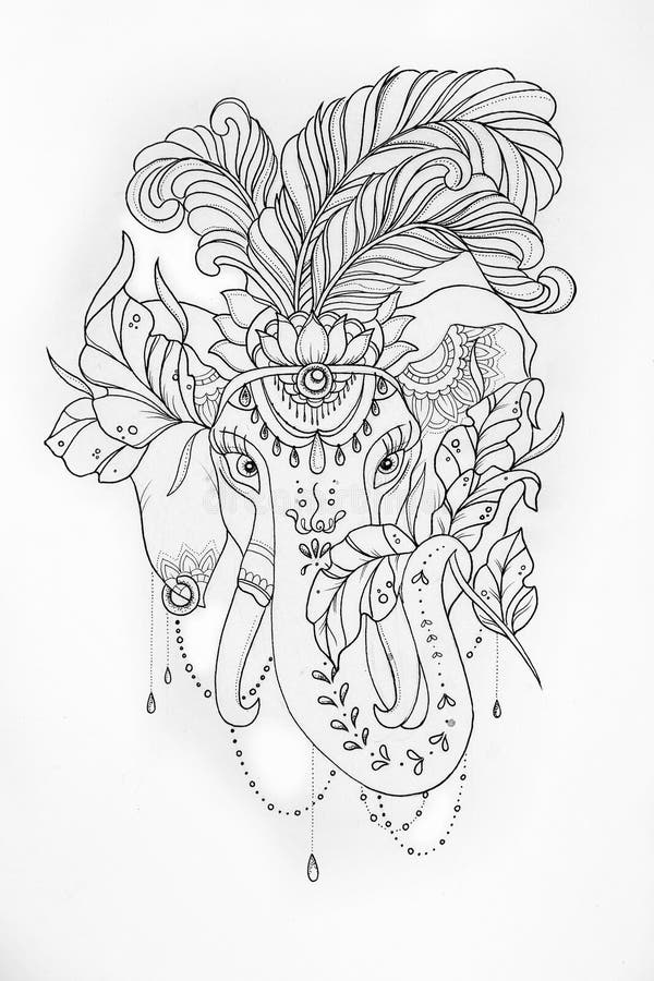 Sketch of the Circus Elephant with Feathers on White Background. Stock ...