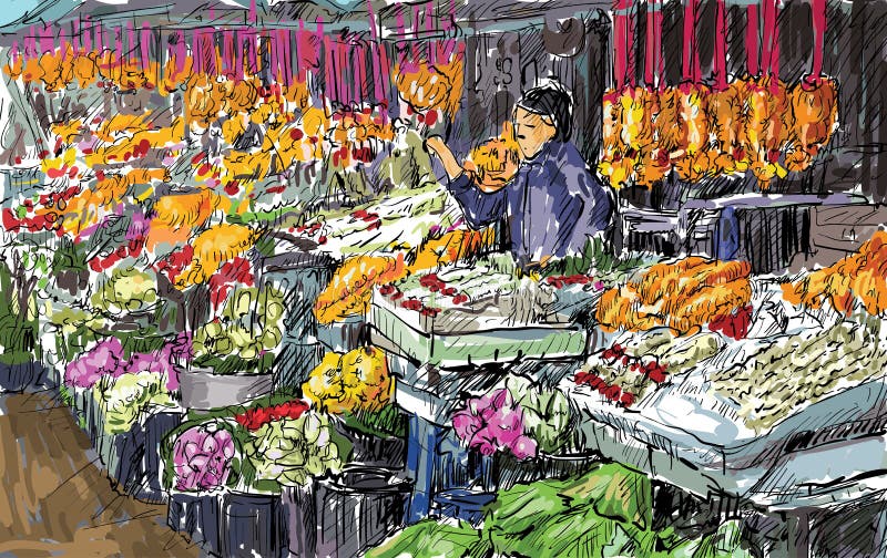 Sketch of Cityscape Show Flower Market on Street in Thai, Illutration ...