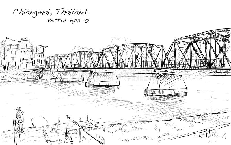 Sketch of cityscape show iron bridge in Chiangmai Thailand vector illustration Sketch of cityscape show iron bridge in Chiangmai Thailand vector illustration