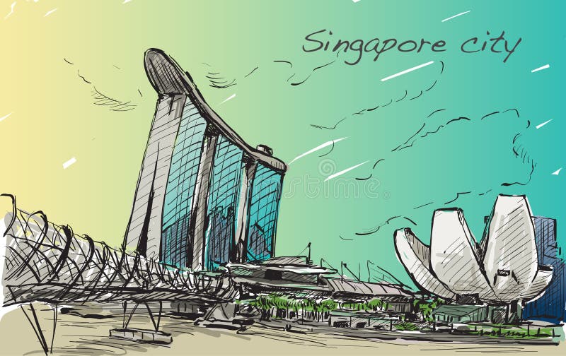 Sketch cityscape of Singapore skyline, free hand draw stock illustration Sketch cityscape of Singapore skyline, free hand draw stock illustration