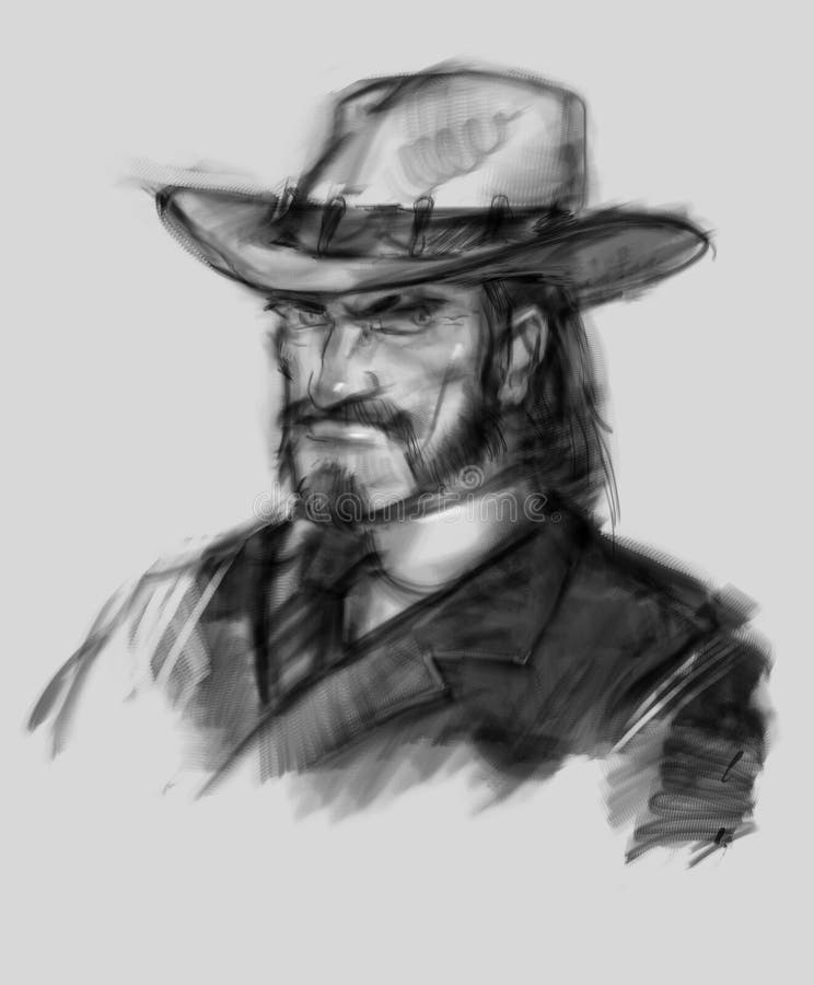 Sketch of a cowboy, American sheriff. Raster illustration. Character of a man in a hat. Digital painting. Character for the cover