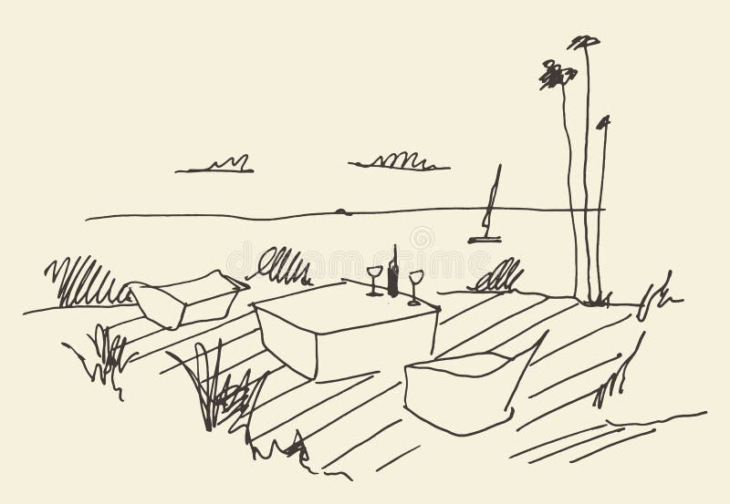 Sketch cozy place pier sea view dinner vector. vector illustration