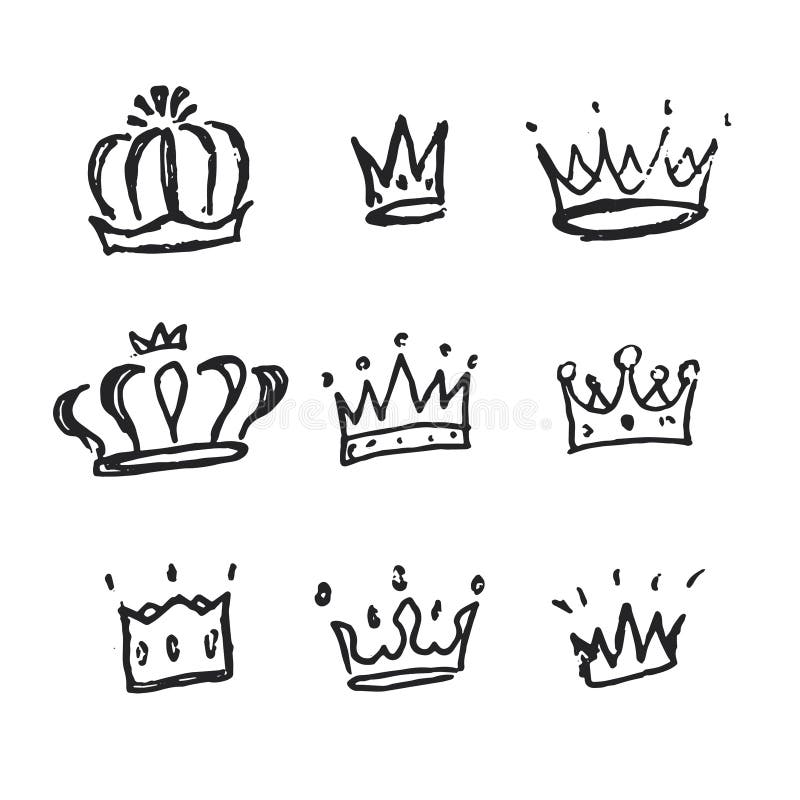 Sketch crowns. Hand drawn king, queen crown and princess tiara