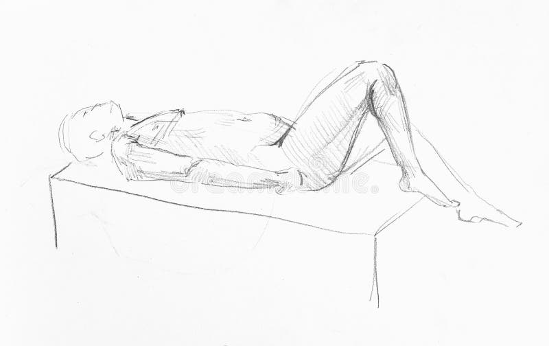 Sketch disegnato a mano di un modello maschio sdraiato sul podio fotografie stock