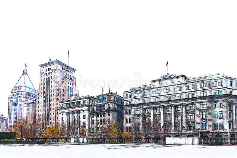 Sketch and Drawing with color marker pen of Historical architecture on the bund of Shanghai with reflection of buildings on rain