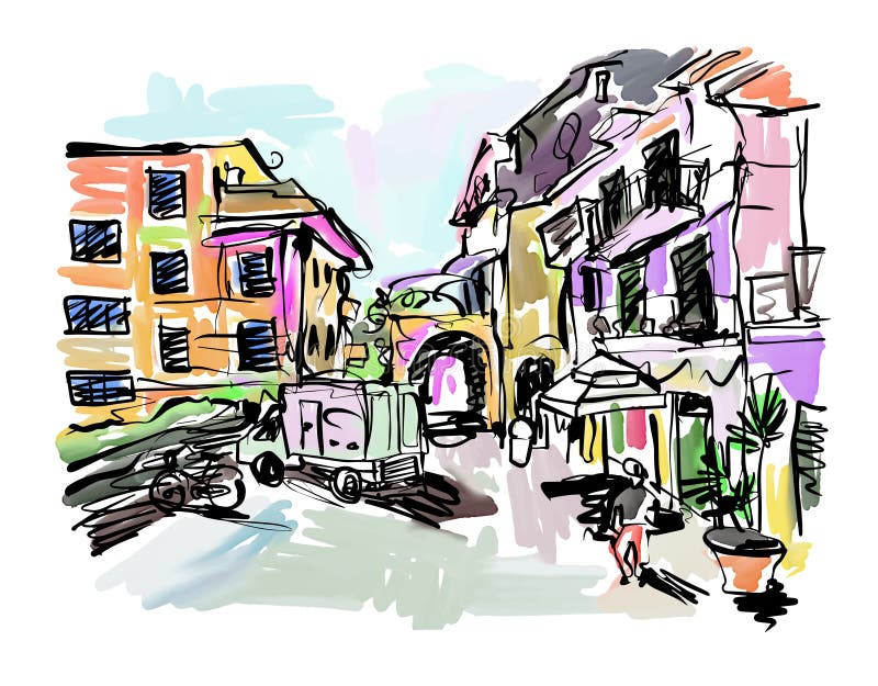 Sketch drawing of Italy village landscape stock illustration Sketch drawing of Italy village landscape stock illustration