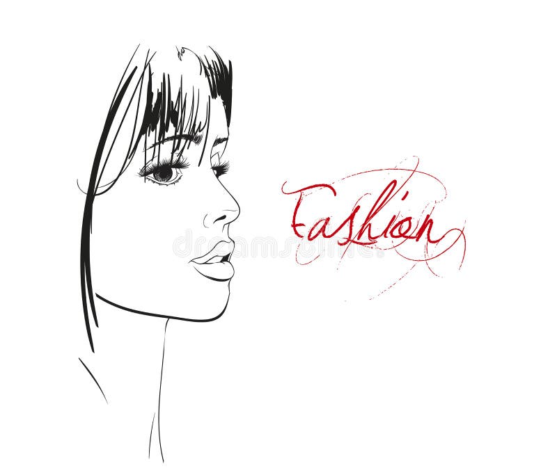 Sketch Of The Face Of A Fashion Girl With Flying Hair. Stock Vector