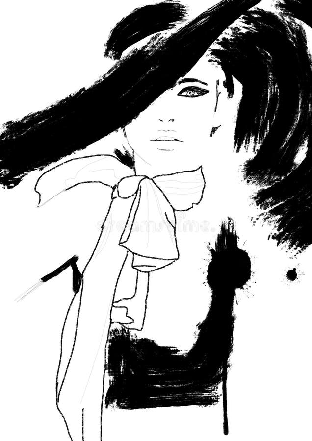 Sketch fashion.Abstract simple black and white painting of beautiful model. Haute couture Classic woman. Fashion illustration of cute girl with smokey eyes and big hat, in ink.