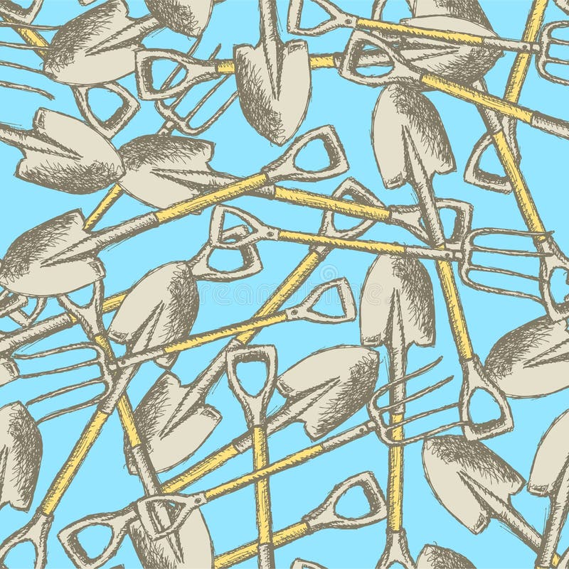 Sketch garden shovel and fork, vector seamless pattern stock illustration