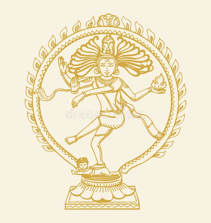 Sketch of gold color dancing lord shiva or nataraja statue outline editable illustration