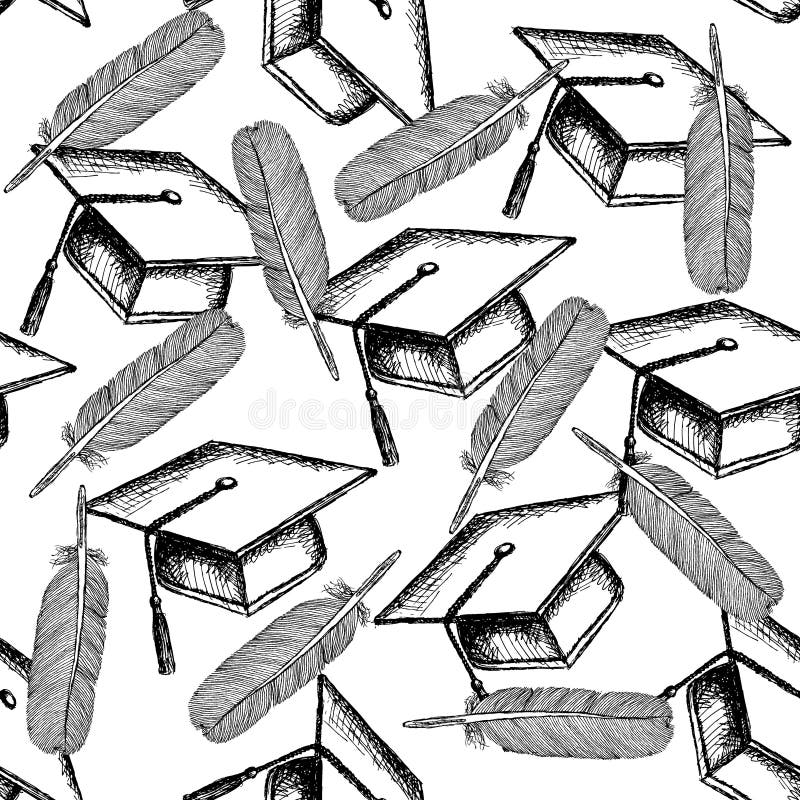 Sketch graduation cap with feather pen, vintage seamless pattern. Graduation hat sketch vectors